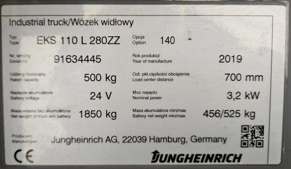 Jungheinrich EKS 110 L 280ZZ &mdash; used warehouse equipment | Booster Lift